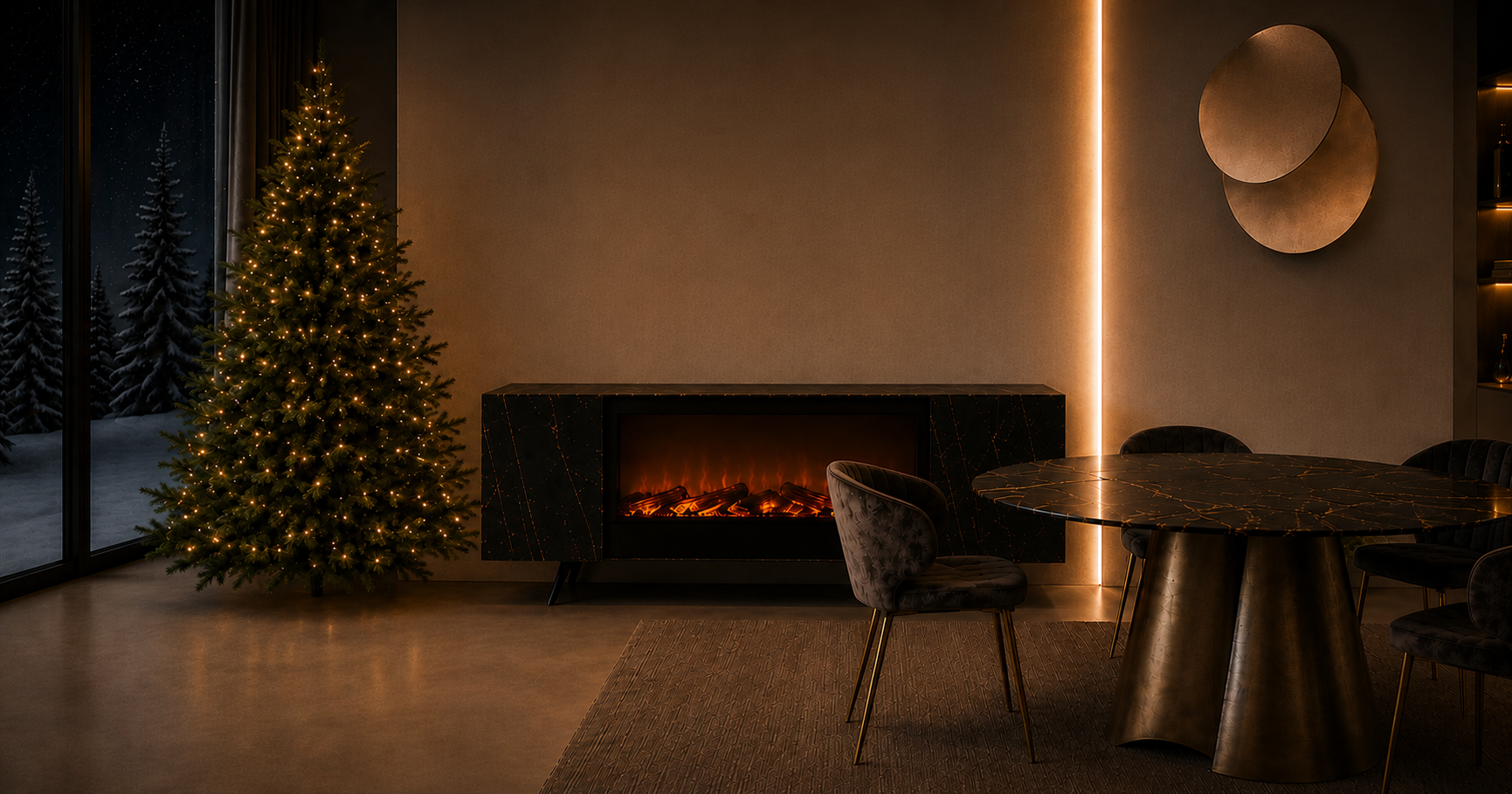 SINED Living interior with an electric fireplace integrated into the furniture